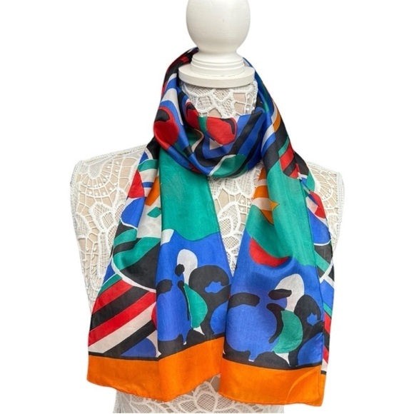 Vintage Scarf Bundle, Abstract Artistic Silk & Mod Geometric Orange - Picture 2 of 9